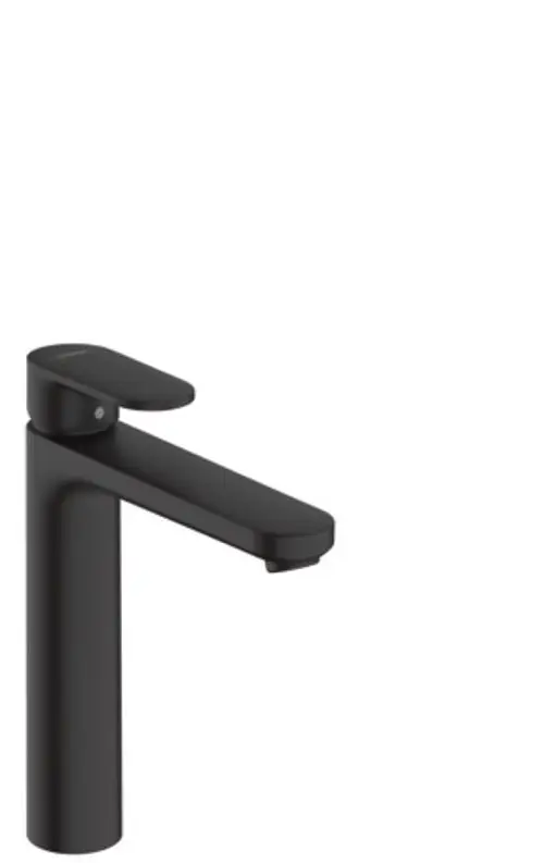 Einhebel-Waschtischmischer in Mattschwarz von Hansgrohe mit einem flachen Auslauf und einer Bedienhebel-Oberfläche. Ideal für moderne Badezimmer.